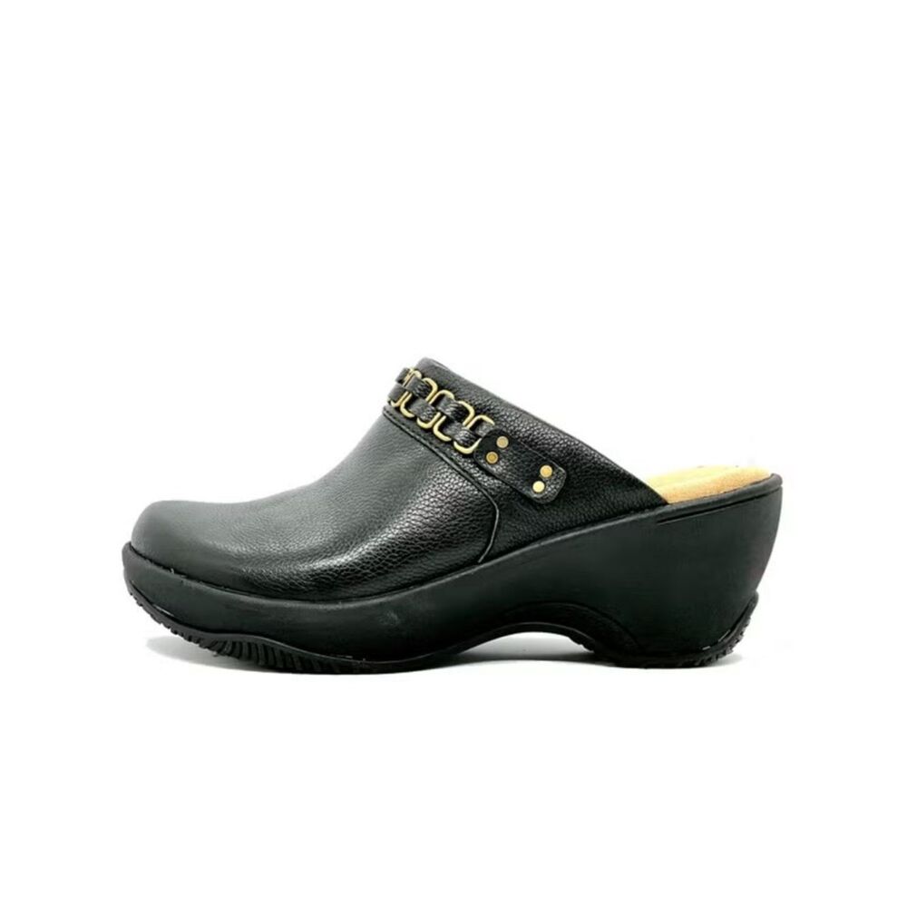 Hälsa Footwear Black Leather Slip-On Clog Mule with Gold Chain Detail size 9